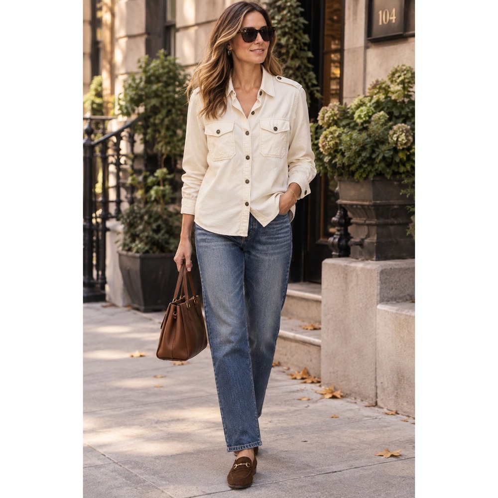 Current/Elliott The Perfect Military Chambray Shirt Natural Cream 2 US 8